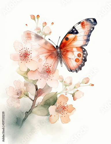 Butterfly, asian style, flowers, pastel colors, digital prints, digital assets, watercolor. Generative AI. © Art for Insomniacs