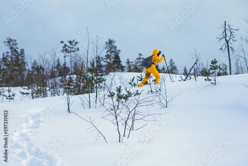 Process of winter hiking in Scandinavia, landscape view of a finnish wilderness with a group of tourists with trekking sticks poles walk in snow in the national park of Finland