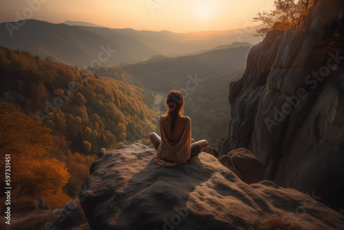 Discover serenity with this clipart of a woman meditating in nature, balancing her mind through practiced yoga.