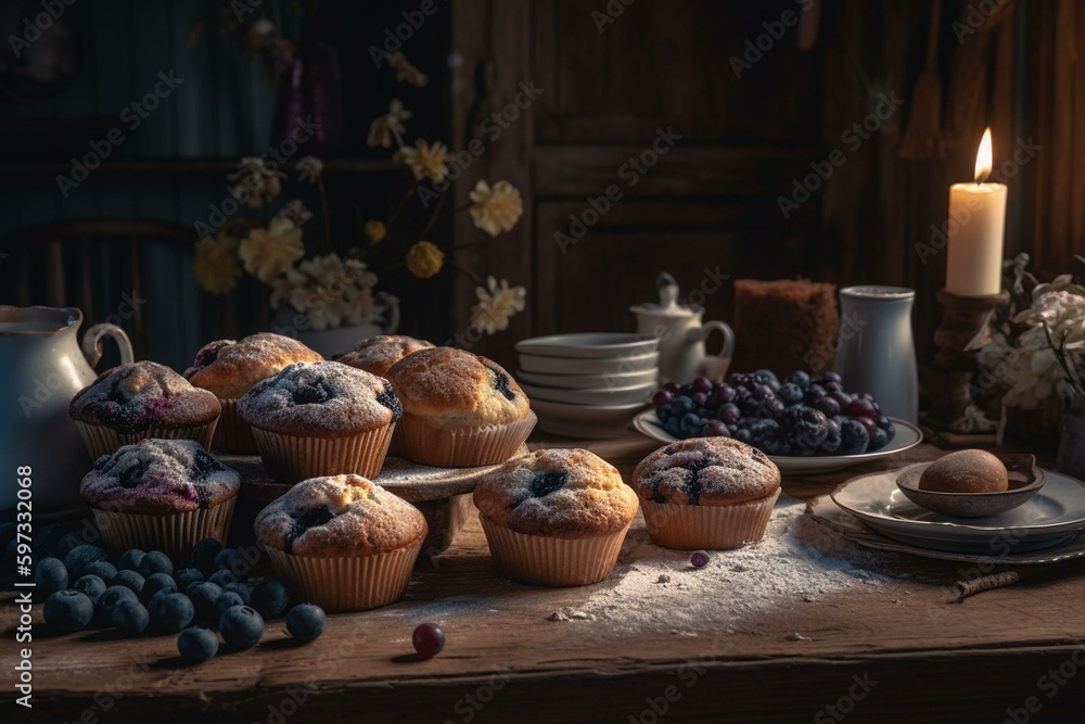 Table with blueberry muffins. Generative AI