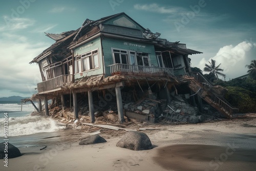Coastal house during Tsunami. Generative AI