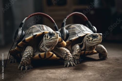 Elderly turtle couple wearing headphones. Generative AI