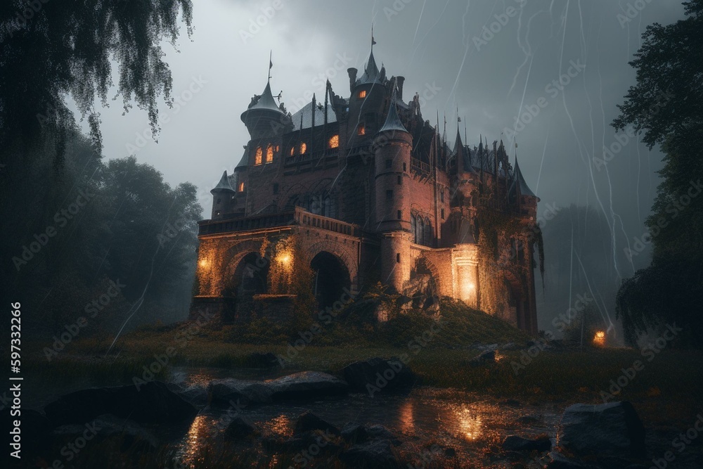 A Gothic castle in a thunderstorm with burning lights, spooky ambiance, moonlight, and flowing water. Generative AI