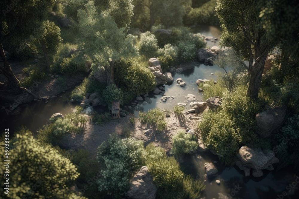 A corner of nature with a river and trees in isometric view. Generative AI
