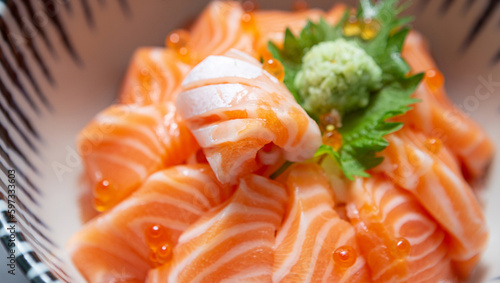 Raw salmon rice bowl with salmon roe
