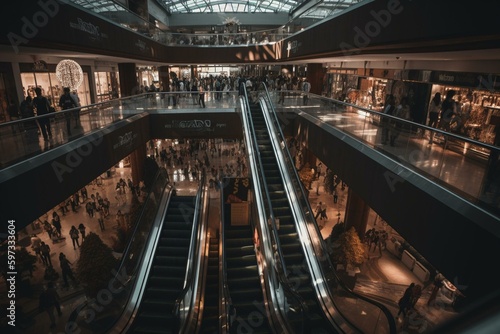 Escalator in busy mall for shopping. Generative AI