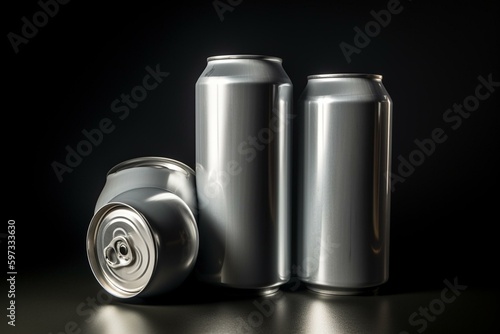 Three aluminum cans on white background with shadow for recycling and reuse of beverage packaging. Generative AI