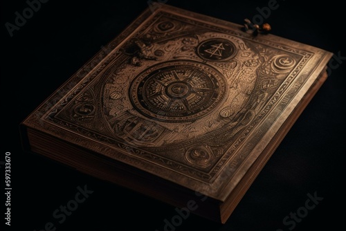 Antique book with alchemy symbols on black backdrop. Generative AI