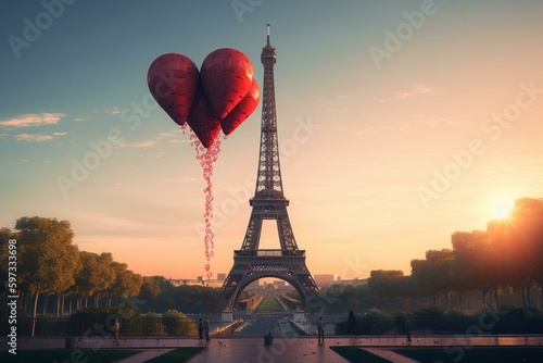 Eiffel Tower early morning with heart-shaped balloons, Paris city of love - AI illustration. Generative AI