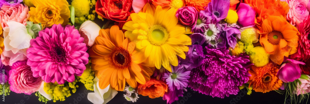 Spring banner, Mother's Day, colorful vibrant bouquet of various flowers, Generative AI