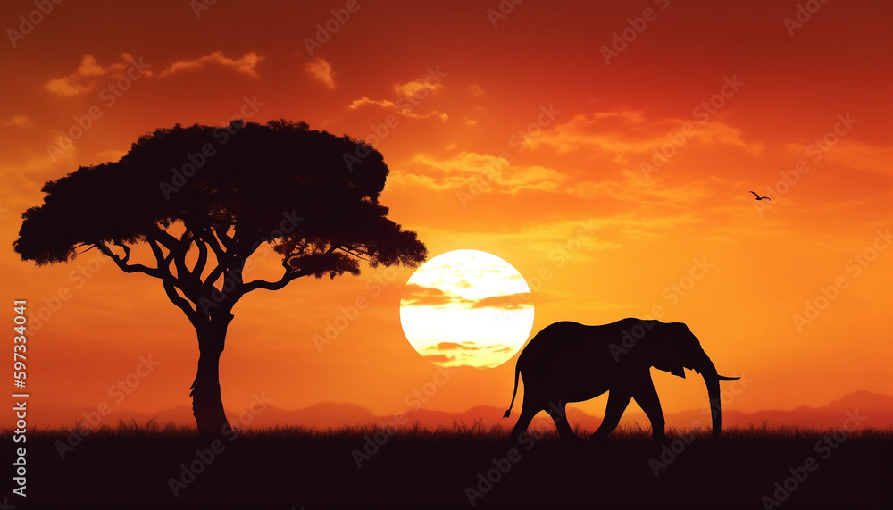 African landscape with the silhouette of two elephants at sunset, Earth?s day concept, Generative AI