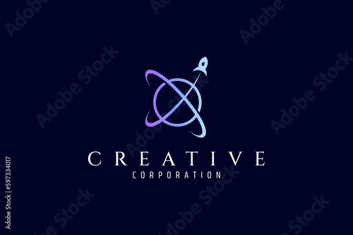 Space travel Rocket launch in simple flat logo design