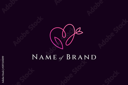 heart or love logo with flowers in line art design