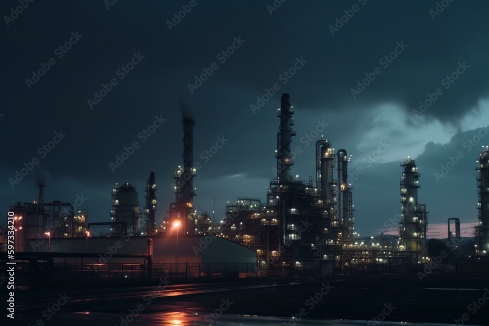 Dawn sky in background of operating petrochemical industry factory. Generative AI
