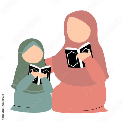 Illustration of mother and her daughter reading quran