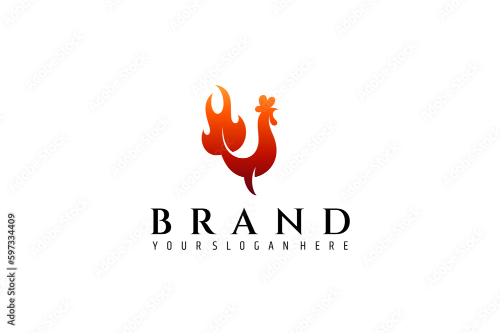 Rooster logo with fire tail variation in flat design concept in orange gradient color Rooster logo with fire tail variation in flat design concept in orange gradient color