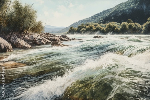 Watercolor painting captures the river Kolvica merging with the sea at its mouth. Generative AI