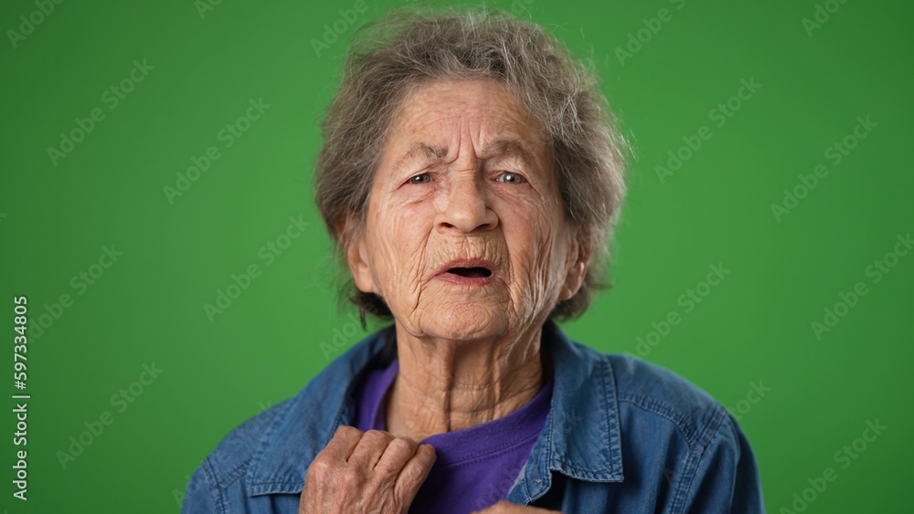 Portrait of tired depressed toothless elderly mature old woman 80s with ...