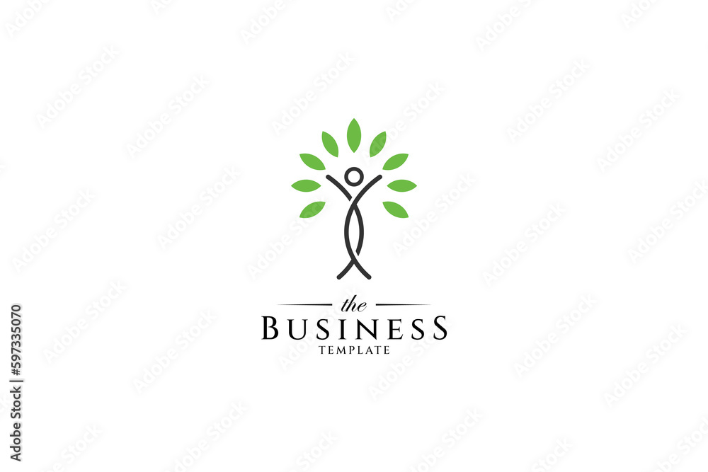 Healthy living people logo with people shape and leaf decoration in simple linear design style Healthy living people logo with people shape and leaf decoration in simple linear design style