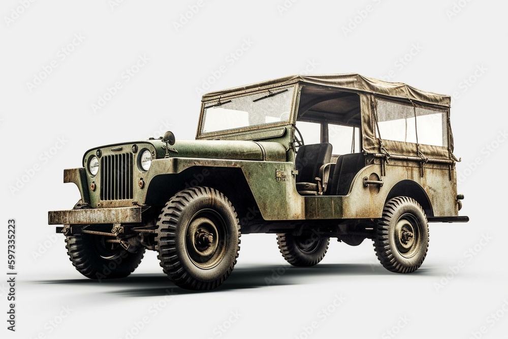 Illustrated vintage green military SUV on white background. Generative AI
