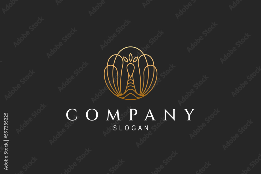 Gold color peacock logo looks luxurious and elegant in line art design style Gold color peacock logo looks luxurious and elegant in line art design style