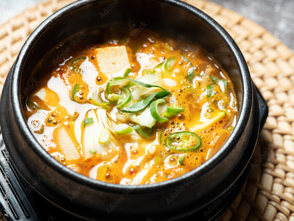 Soybean paste stew in an earthenware bowl, Korean food Stock Photo