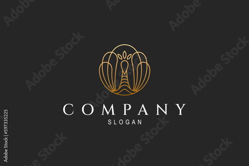 Gold color peacock logo looks luxurious and elegant in line art design style
