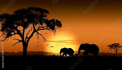 African landscape with the silhouette of two elephants at sunset, Earth?s day concept, Generative AI