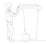 One continuous line of Man pointing with finger at Garbage Bin. Thin Line Illustration vector concept. Contour Drawing Creative ideas.