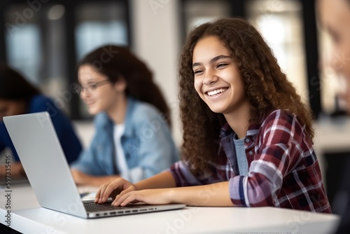 Happy high school girl using laptop in classroom. Generative AI © Adriana