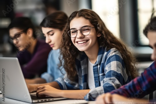 Happy high school girl using laptop in classroom. Generative AI