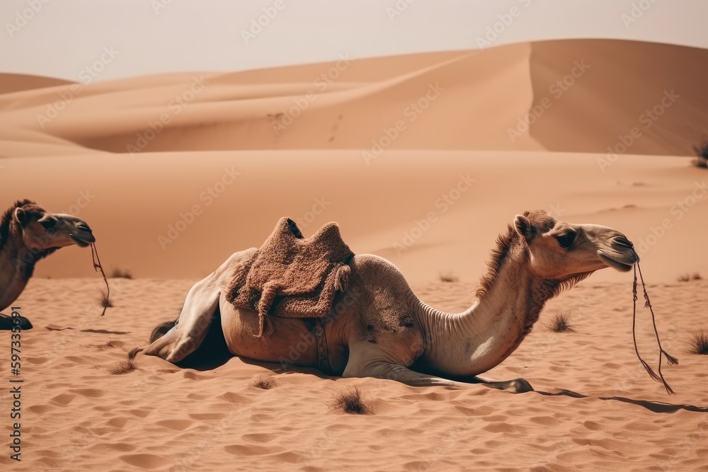 Fototapeta premium two camels resting in the desert sand. Generative AI