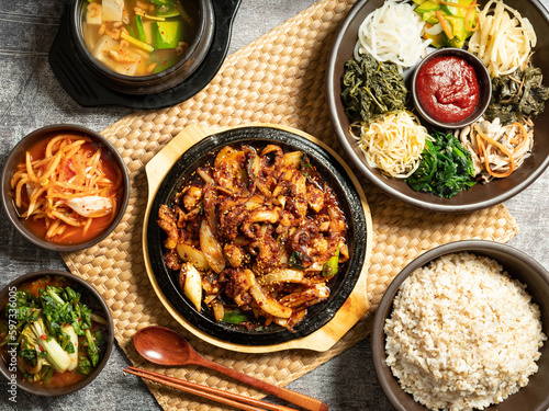 Stir-fried webfoot octopus, various vegetable bibimbap, and soybean paste stew