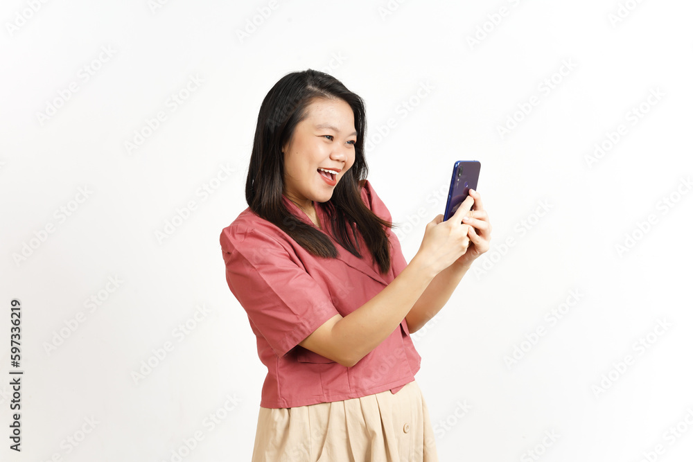 Make Video Call Using Smartphone Of Beautiful Asian Woman Isolated On White Background Make Video Call Using Smartphone Of Beautiful Asian Woman Isolated On White Background
