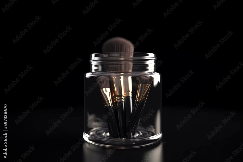 makeup brushes in glass container on black background, Generative AI
makeup brushes in glass container on black background, Generative AI