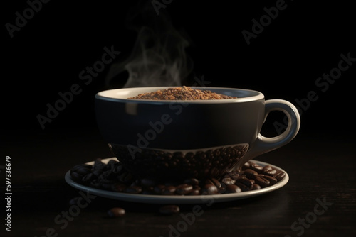 Coffee beans and a cup of coffee on a black background, Generative AI 