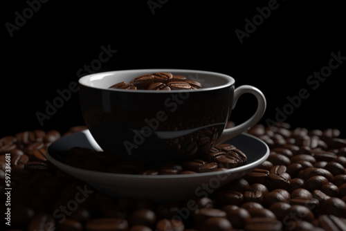 Coffee beans and a cup of coffee on a black background, Generative AI	
