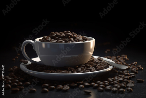 Coffee and coffee beans on a dark background, Generative AI 