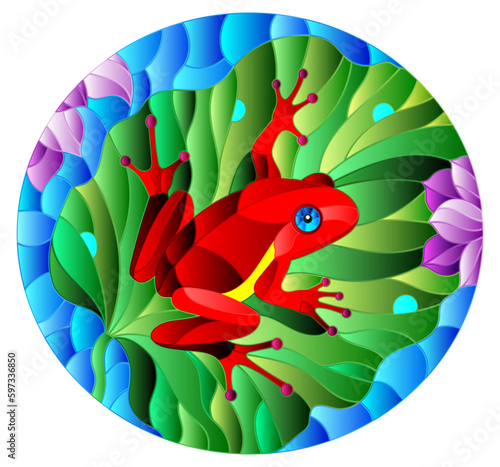 Illustration in stained glass style with abstract red frog on Lotus leaf on water and flowers, oval image