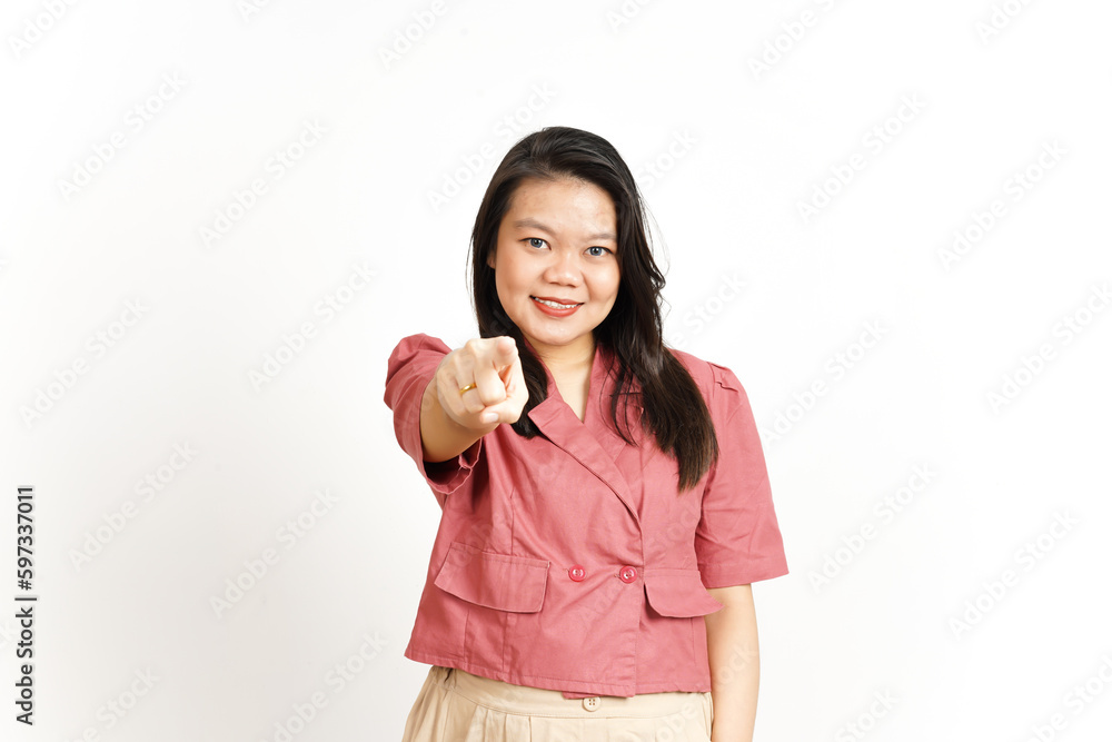 Smiling and Pointing at You, Want You Gesture Of Beautiful Asian Woman Isolated On White Background