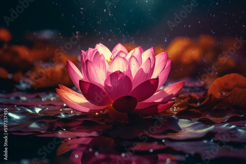A pink lotus on a magical lake, sparkling in a flow with bright aura. Digital art. Generative AI