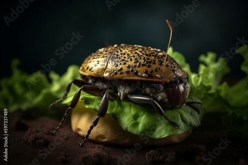 Insect burger with green salad made of fictitious beetles or meal worms. Generative AI © Fiorella
