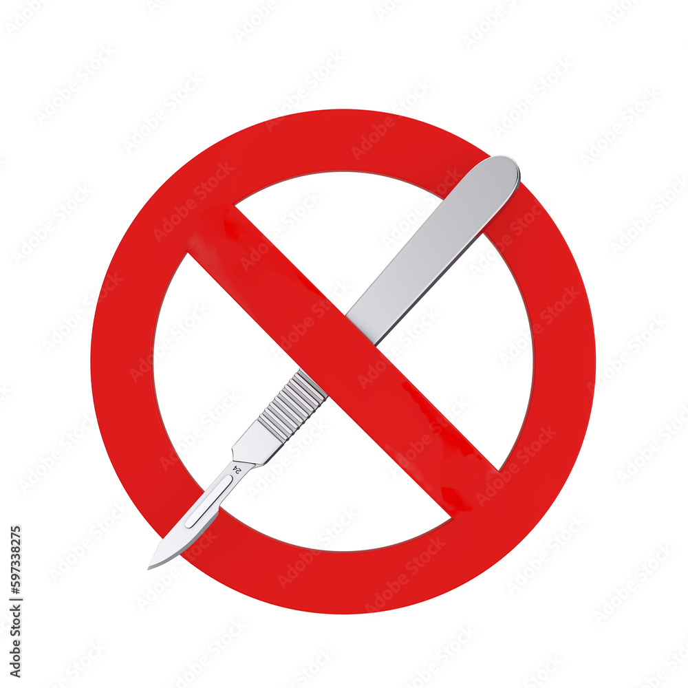 Surgical Stainless Steel Metal Scalpel with Red Prohibition or Forbidden Sign. 3d Rendering Surgical Stainless Steel Metal Scalpel with Red Prohibition or Forbidden Sign. 3d Rendering