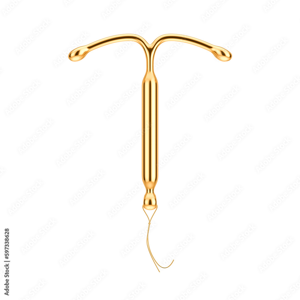 Fototapeta premium Birth Control Concept. Golden T Shape IUD Hormonal Intrauterine Device. 3d Rendering