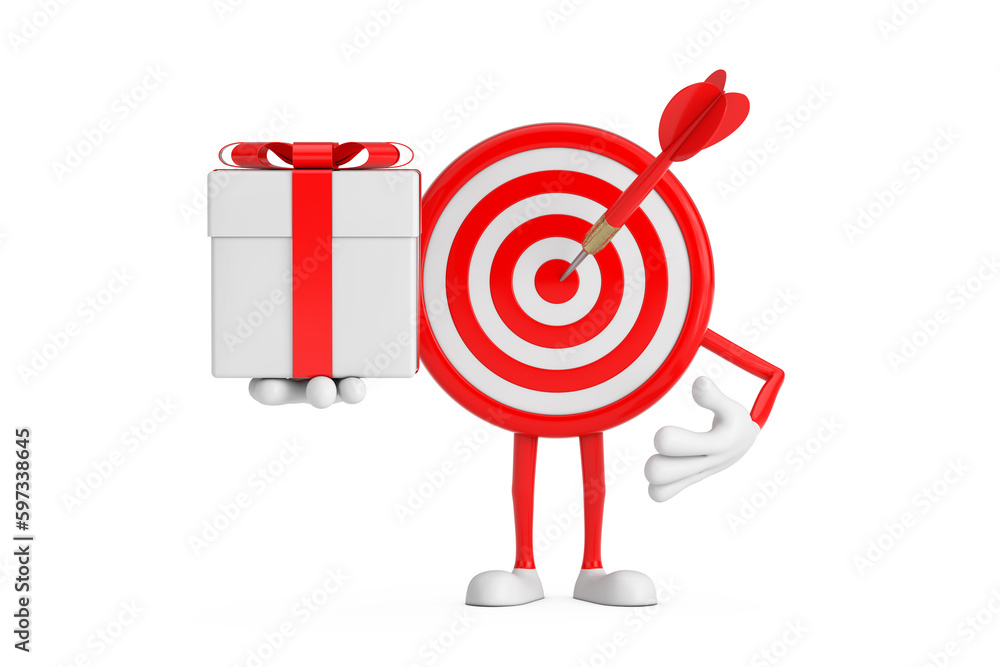 Archery Target and Dart in Center Cartoon Person Character Mascot and Gift Box with Red Ribbon. 3d Rendering Archery Target and Dart in Center Cartoon Person Character Mascot and Gift Box with Red Ribbon. 3d Rendering