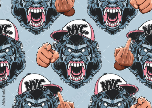 ferocious angry gorilla monkey face, seamless pattern, street comic art, textile summer fashion, artwork for fabric print, clothes, handkerchief, bedsheet

