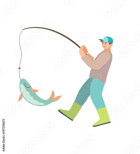 Cartoon fisherman. Man holding rod. Fisher catching fish, vector character.