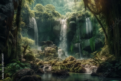 A mystical digital art with waterfalls, forests, and elven woods for wallpapers and backgrounds. Generative AI