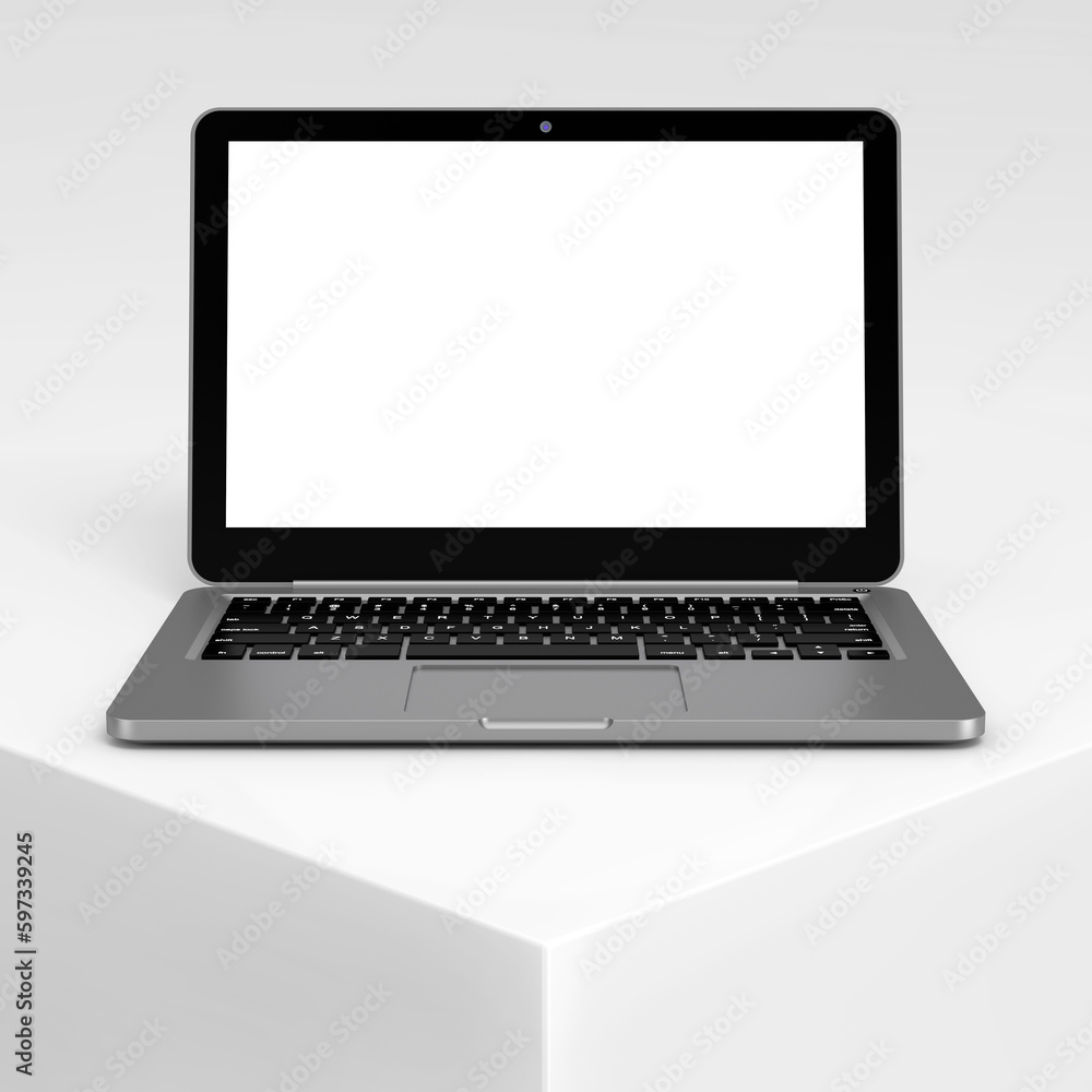 Modern Laptop Computer Notebook with Blank Screen for Your Design on a White Product Presentation Podium Cube. 3d Rendering Modern Laptop Computer Notebook with Blank Screen for Your Design on a White Product Presentation Podium Cube. 3d Rendering