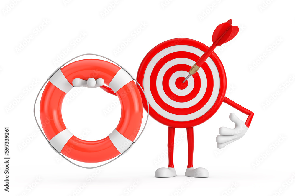 Archery Target and Dart in Center Cartoon Person Character Mascot with Life Buoy. 3d Rendering Archery Target and Dart in Center Cartoon Person Character Mascot with Life Buoy. 3d Rendering